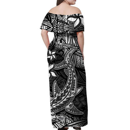 Polynesian Off Shoulder Long Dress Black Hawaiian Tribal Hammerhead Shark