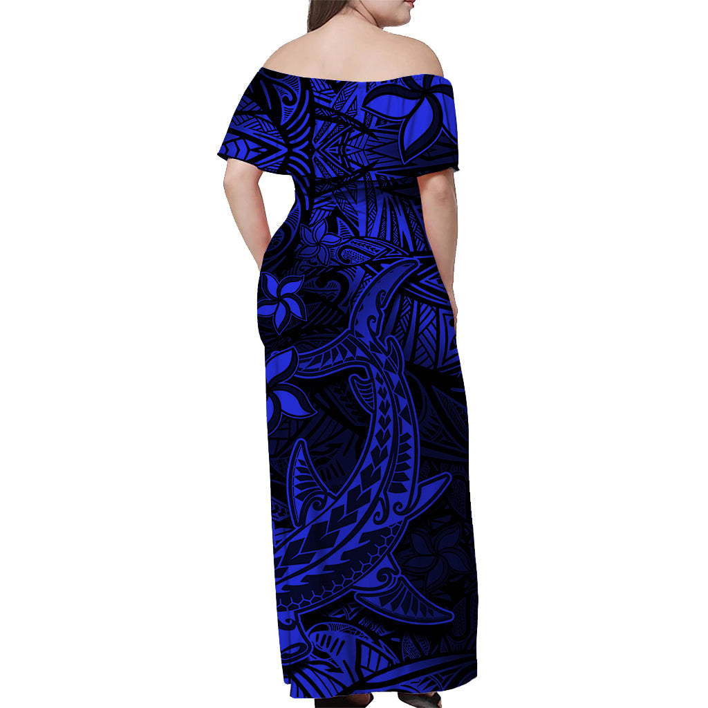 Polynesian Off Shoulder Long Dress Blue Hawaiian Tribal Hammerhead Shark