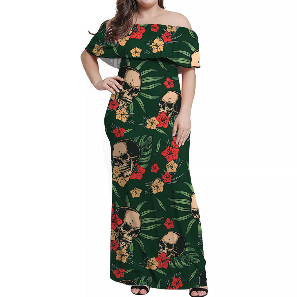 Hawaii Off Shoulder Long Dress Green Skulls with Monstera Leaves