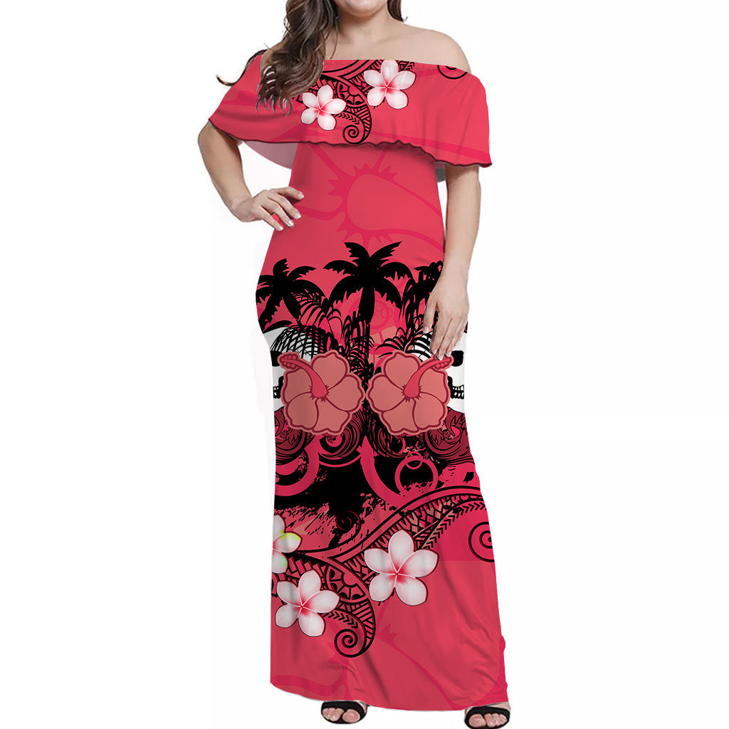 Hawaii Skull Off Shoulder Long Dress Mysterious Polynesia and Pink Flowers