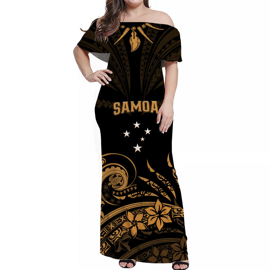 (Custom Personalised) Polynesian Couple Outfits Samoa Tatau Combo Dress and Hawaiian Shirt Gold Polynesian Ula Nifo