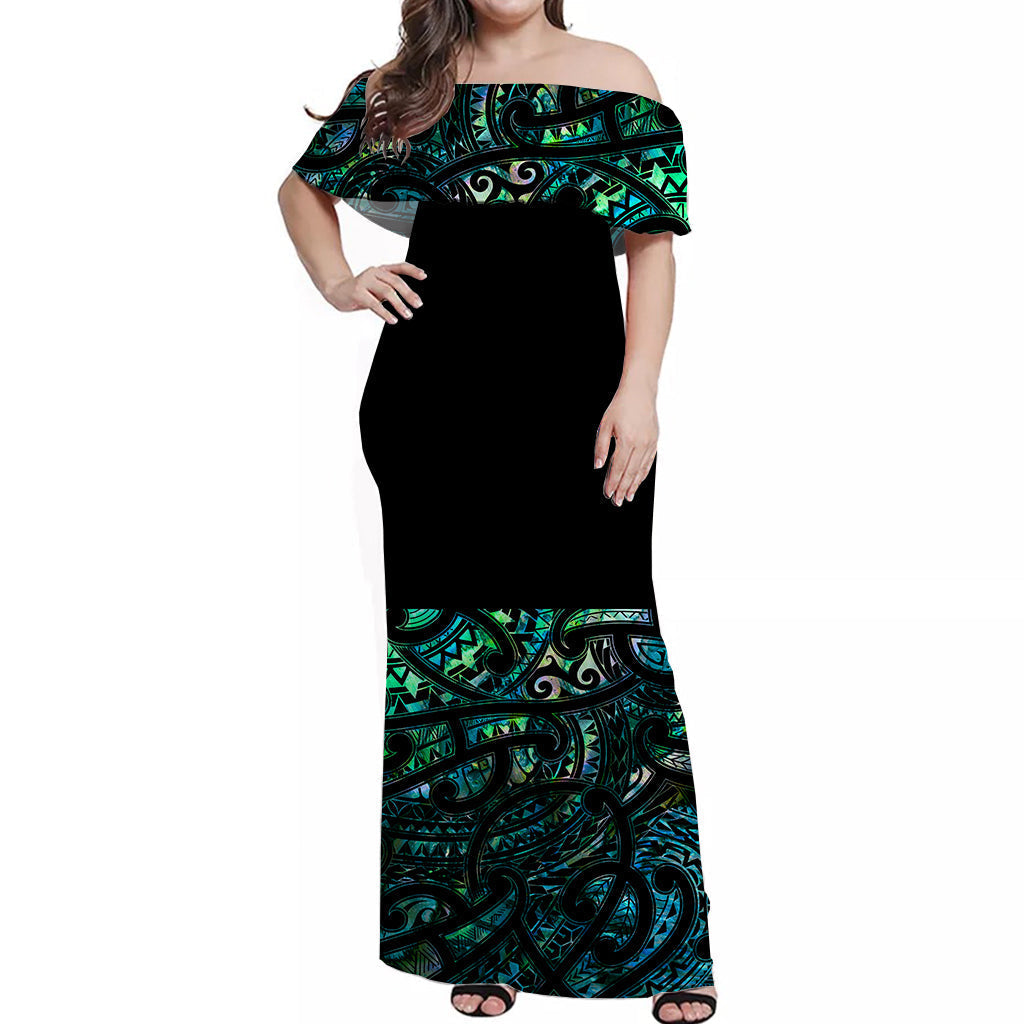 New Zealand Off Shoulder Long Dress Maori Paua Shell Ver.01