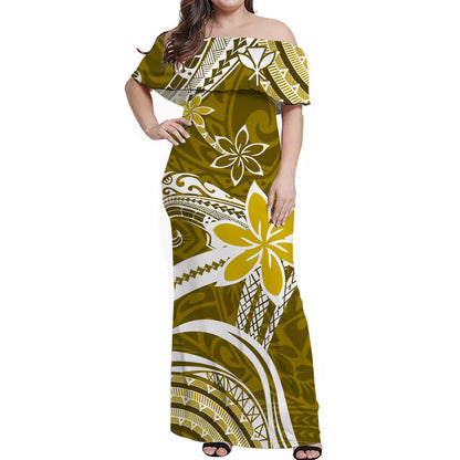 (Custom Personalised) Hawaii Couple Outfits Hawaii Flowers Wave Combo Dress and Hawaiian Shirt Kanaka Maoli Gold Polynesian