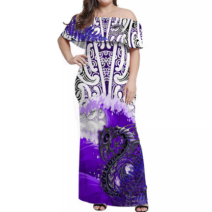 (Custom Personalised) Matching Outfits For Couples Manaia Maori Combo Dress and Hawaiian Shirt Fern Aotearoa Purple Waves