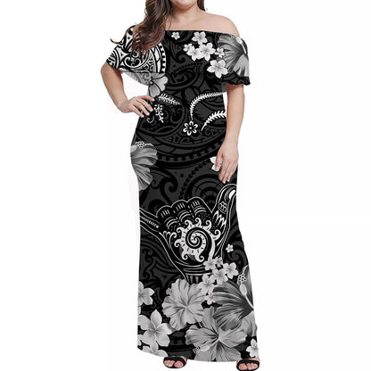 Hawaii Off Shoulder Long Dress Polynesia Black Cool Shaka Sign