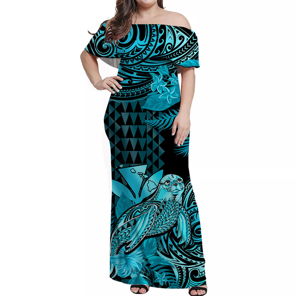 Custom Personalised Hawaii Monk Seal Off Shoulder Long Dress Kakau With Kanaka Turquoise