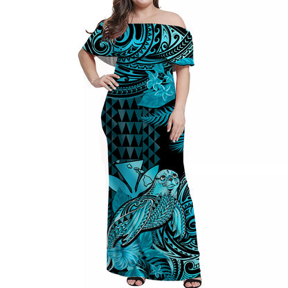 Custom Personalised Hawaii Monk Seal Off Shoulder Long Dress Kakau With Kanaka Turquoise