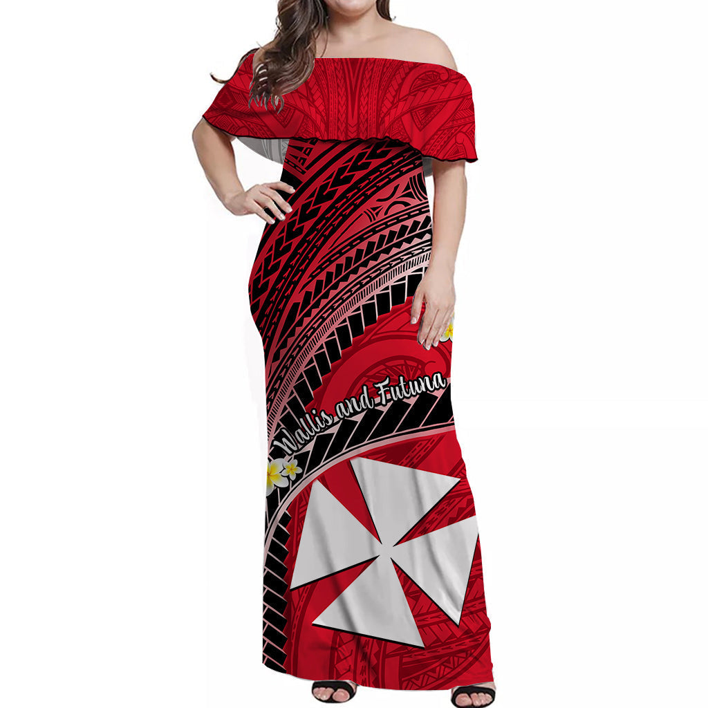 Custom Personalised Wallis And Futuna Off Shoulder Long Dress Plumeria Flowers With Red Polynesian Pattern