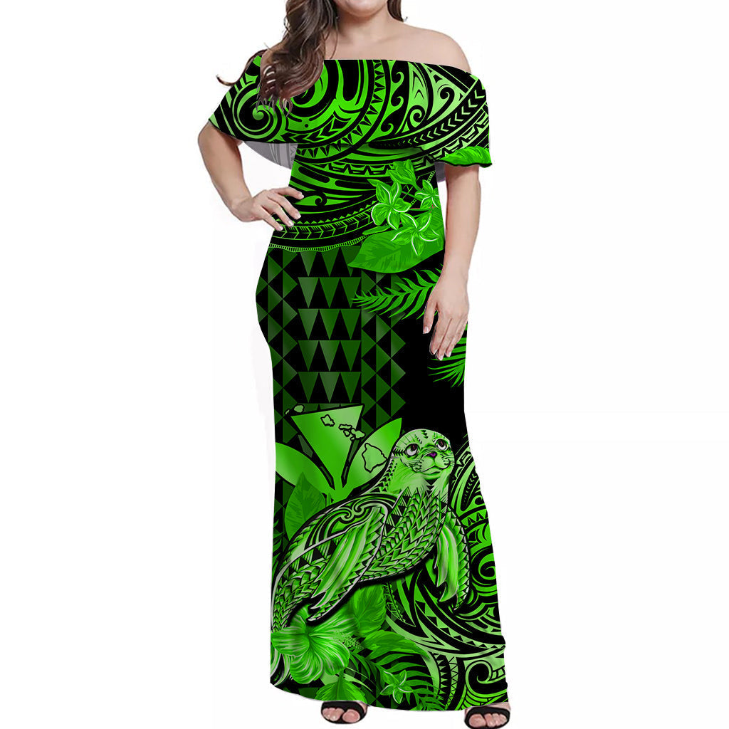 Custom Personalised Hawaii Monk Seal Off Shoulder Long Dress Kakau With Kanaka Green