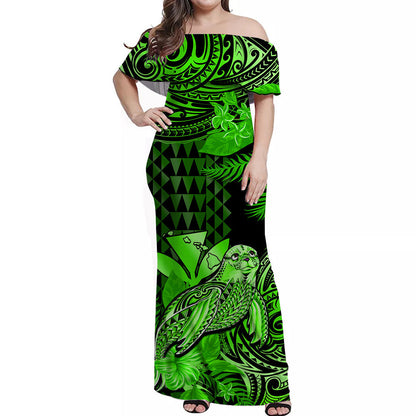 Custom Personalised Hawaii Monk Seal Off Shoulder Long Dress Kakau With Kanaka Green