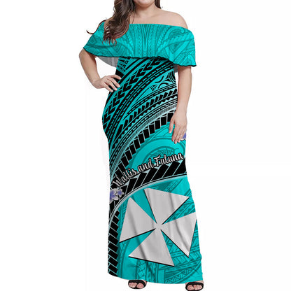 Custom Personalised Wallis And Futuna Off Shoulder Long Dress Plumeria Flowers With Turquoise Polynesian Pattern