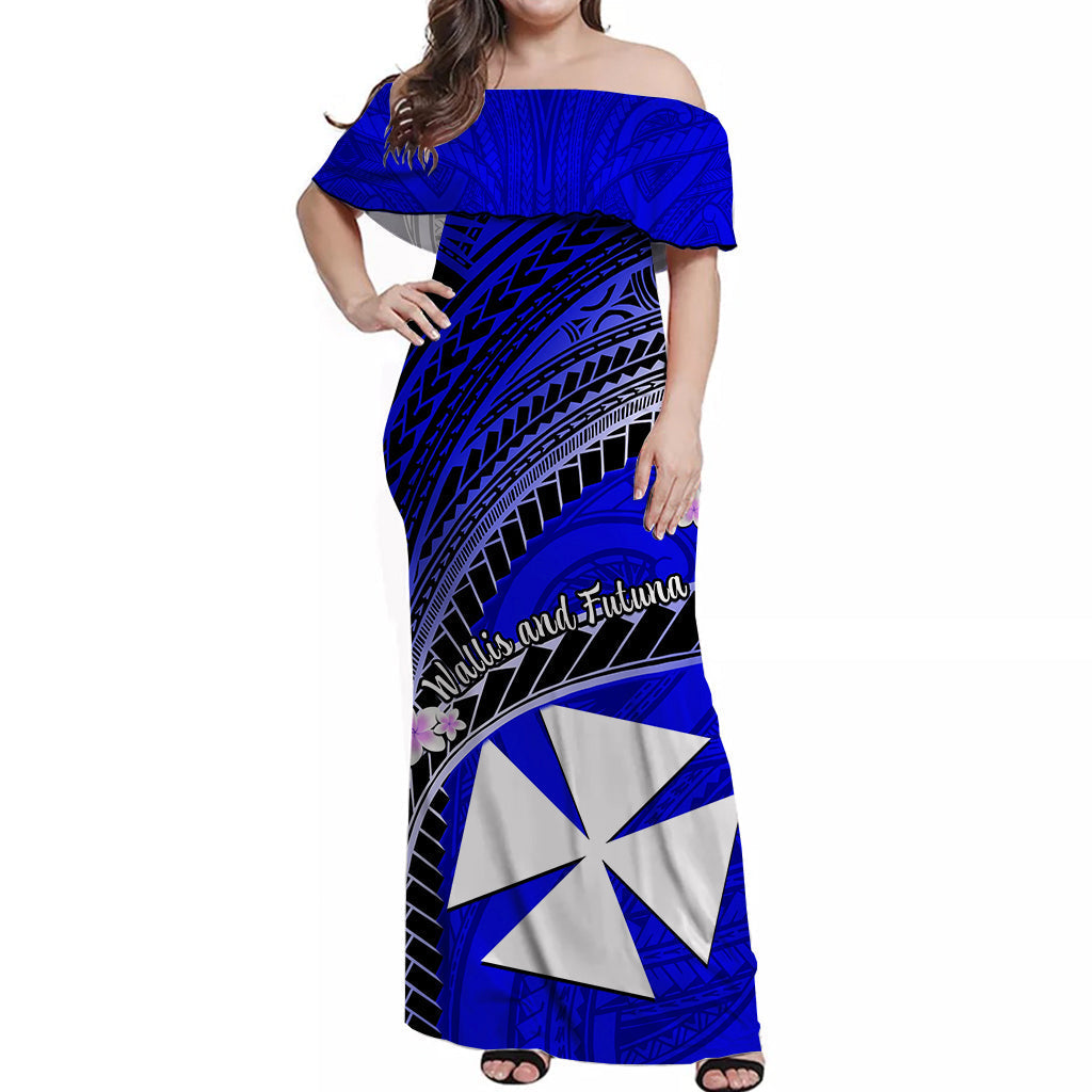 Custom Personalised Wallis And Futuna Off Shoulder Long Dress Plumeria Flowers With Blue Polynesian Pattern