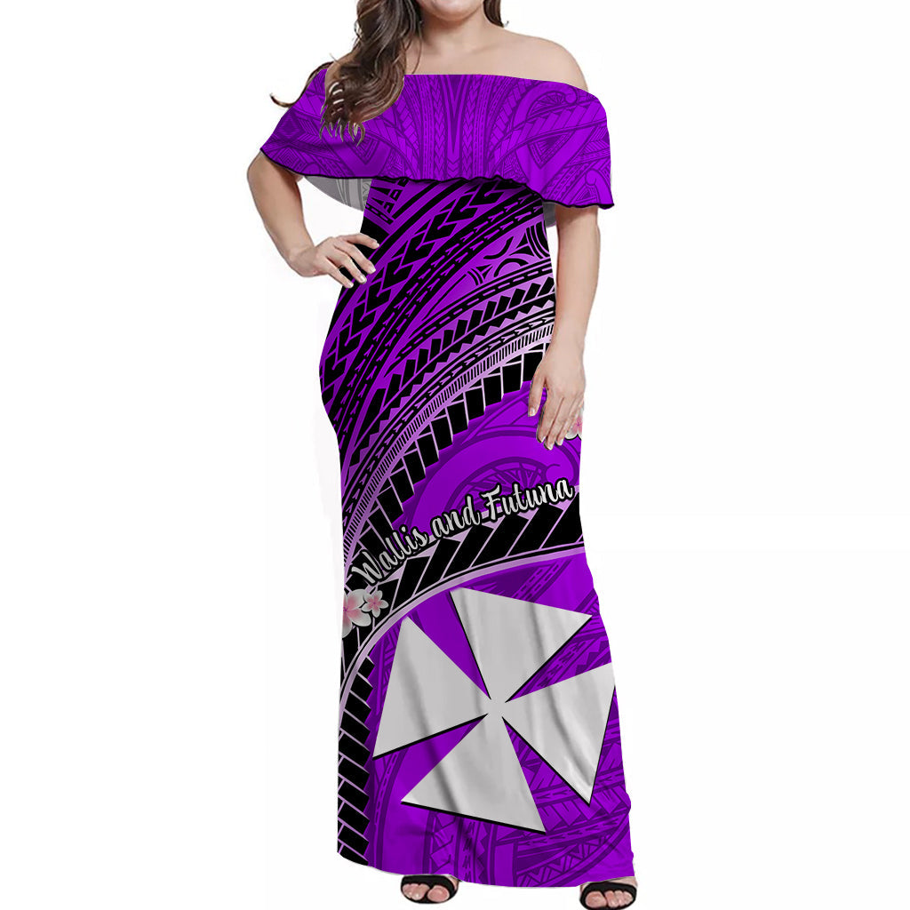 Custom Personalised Wallis And Futuna Off Shoulder Long Dress Plumeria Flowers With Purple Polynesian Pattern