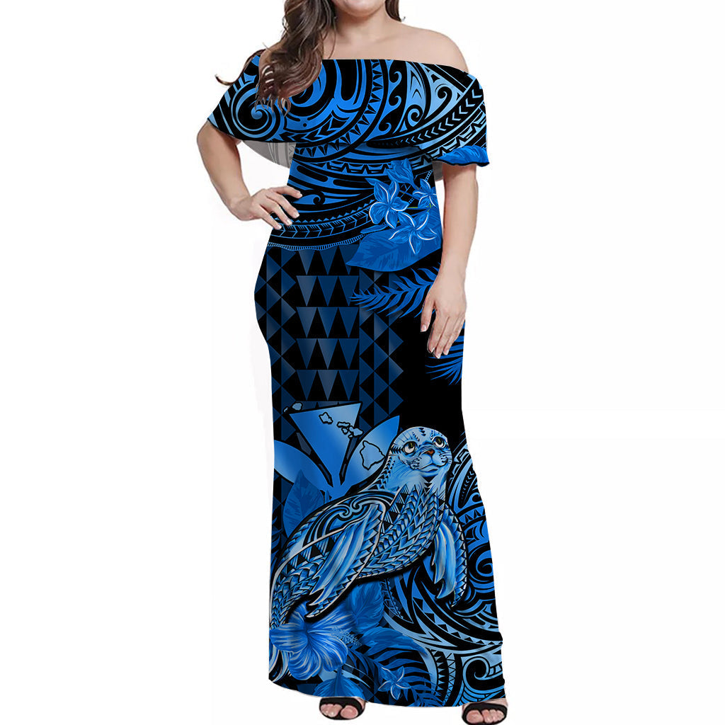 Custom Personalised Hawaii Monk Seal Off Shoulder Long Dress Kakau With Kanaka Blue