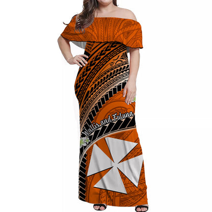 Custom Personalised Wallis And Futuna Off Shoulder Long Dress Plumeria Flowers With Orange Polynesian Pattern