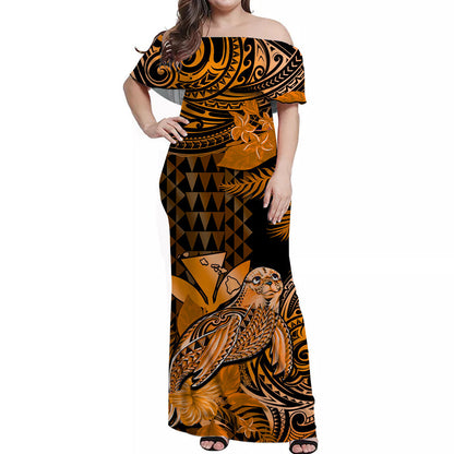 Custom Personalised Hawaii Monk Seal Off Shoulder Long Dress Kakau With Kanaka Gold