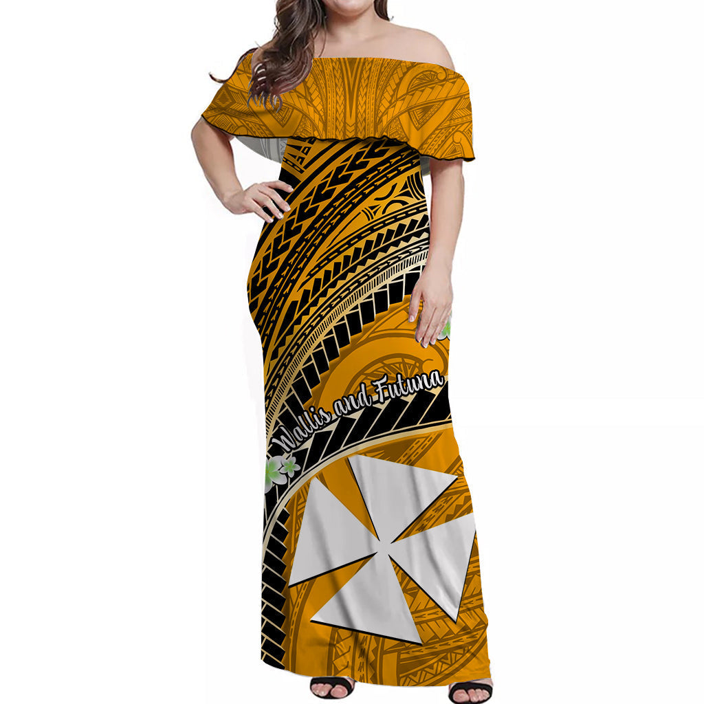 Custom Personalised Wallis And Futuna Off Shoulder Long Dress Plumeria Flowers With Gold Polynesian Pattern