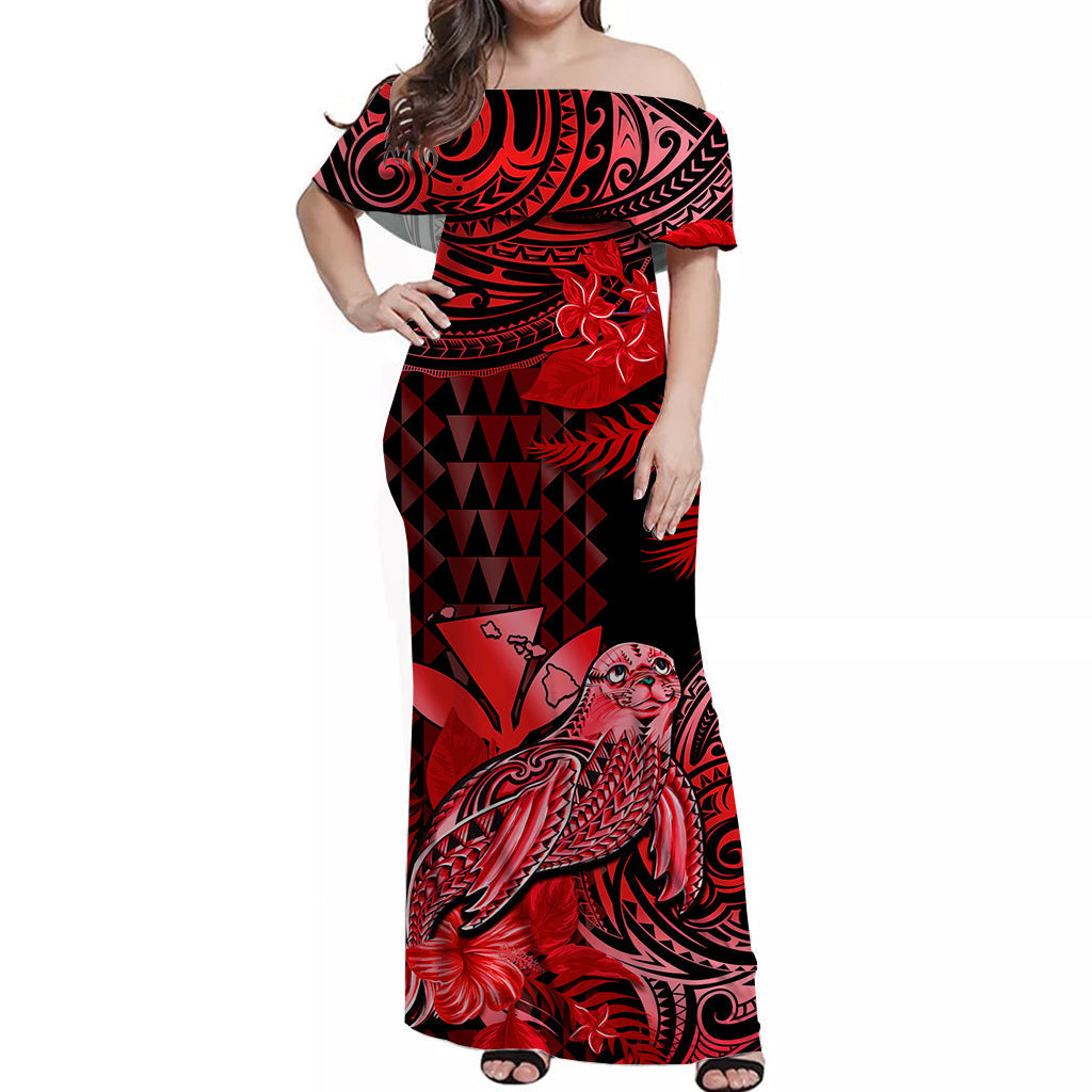 Custom Personalised Hawaii Monk Seal Off Shoulder Long Dress Kakau With Kanaka Red