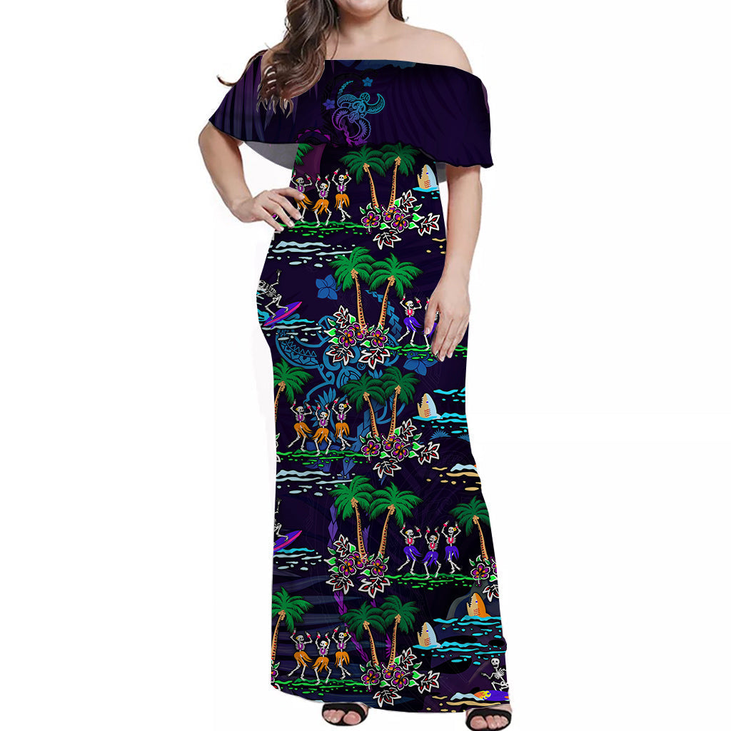 Hawaii Skeleton Dancing Off Shoulder Long Dress Halloween Hawaiian Turtle