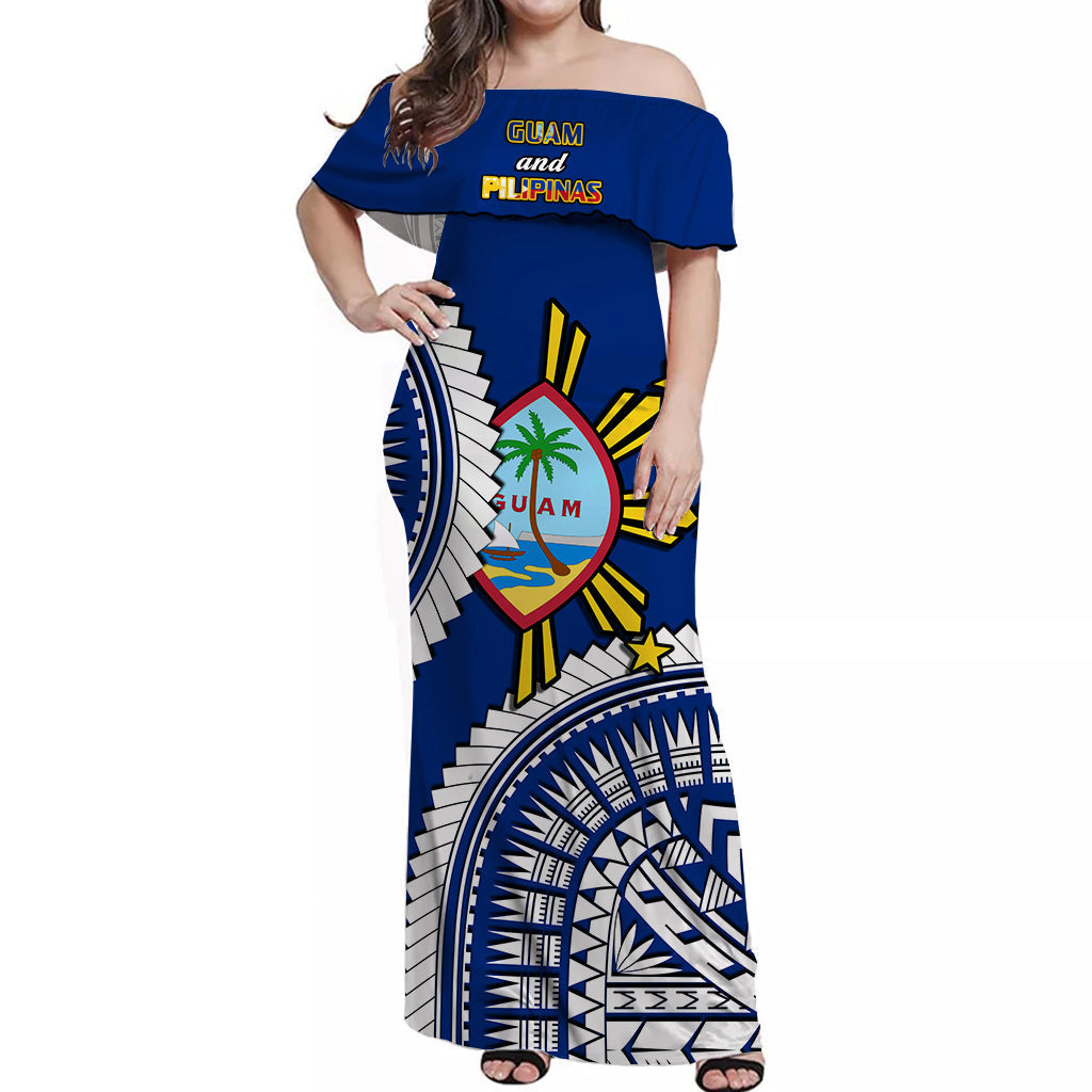 Custom Personalised Guam and Philippines Off Shoulder Long Dress Guaman Filipinas Together Blue