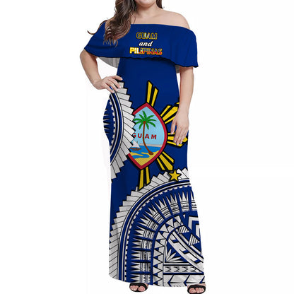 Custom Personalised Guam and Philippines Off Shoulder Long Dress Guaman Filipinas Together Blue