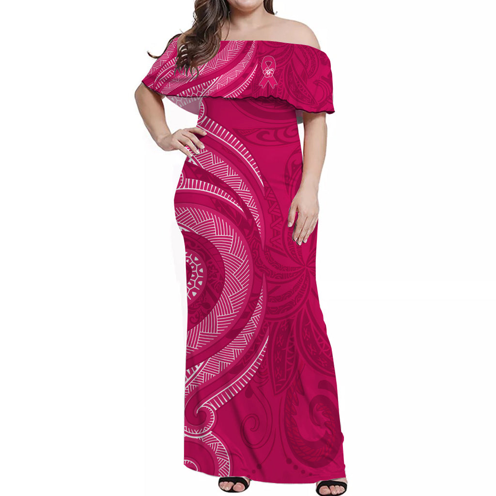 Breast Cancer Awareness Off Shoulder Long Dress Hibiscus Polynesian No One Fights Alone