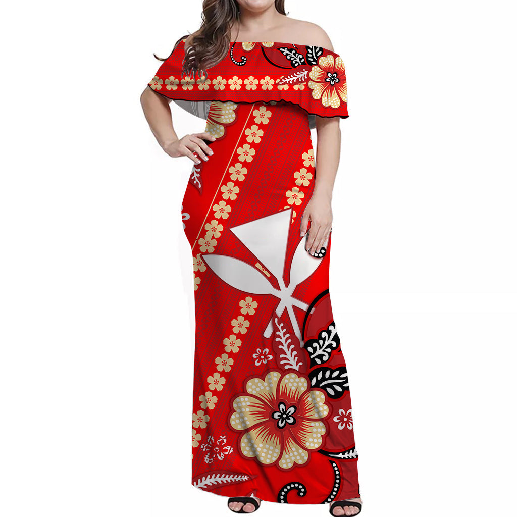 Hawaii Off Shoulder Long Dress Kakau Tribal Red Batik Floral Ver.01