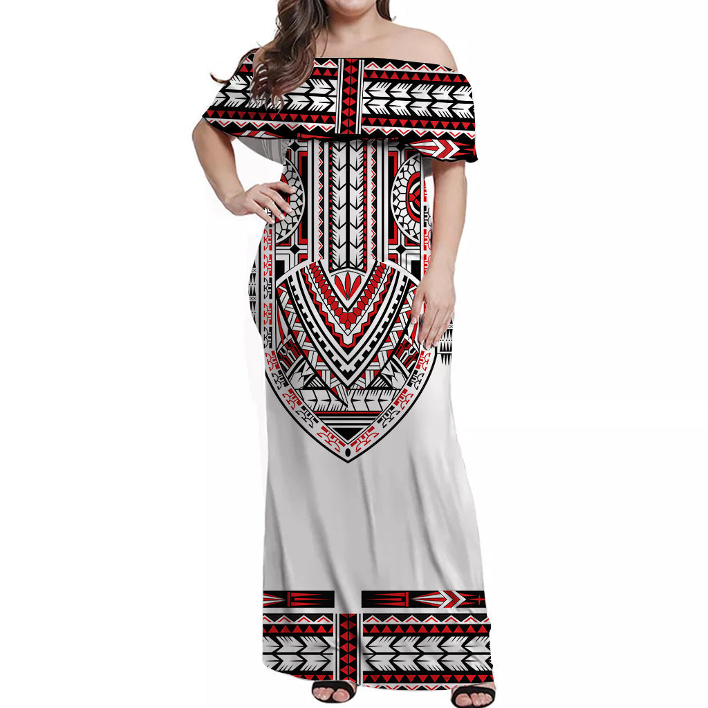 Polynesian Off Shoulder Long Dress Dashiki With Polynesian Tattoo Royal Version