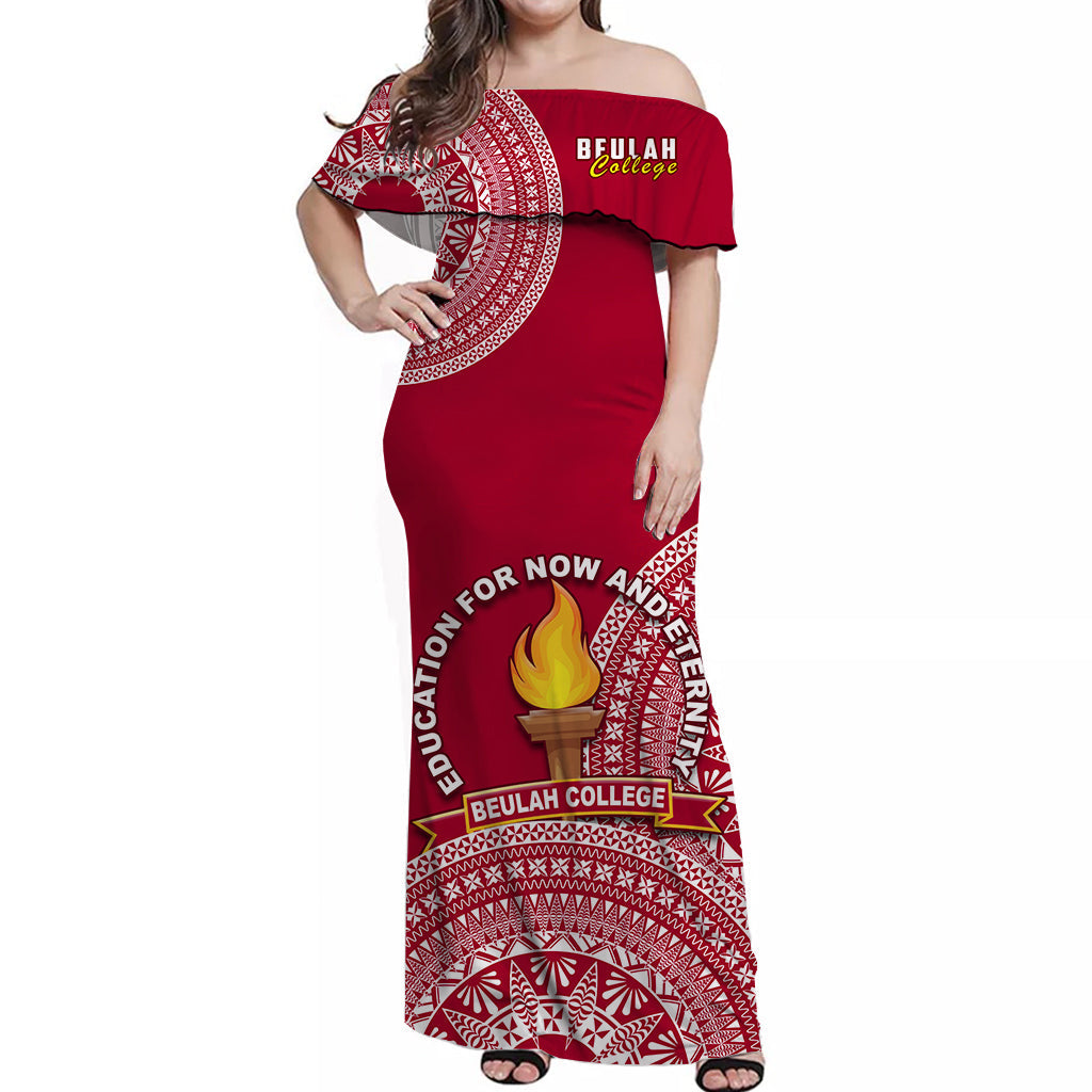 Custom Personalised Beulah Tonga College Off Shoulder Long Dress Tongan Ngatu Pattern