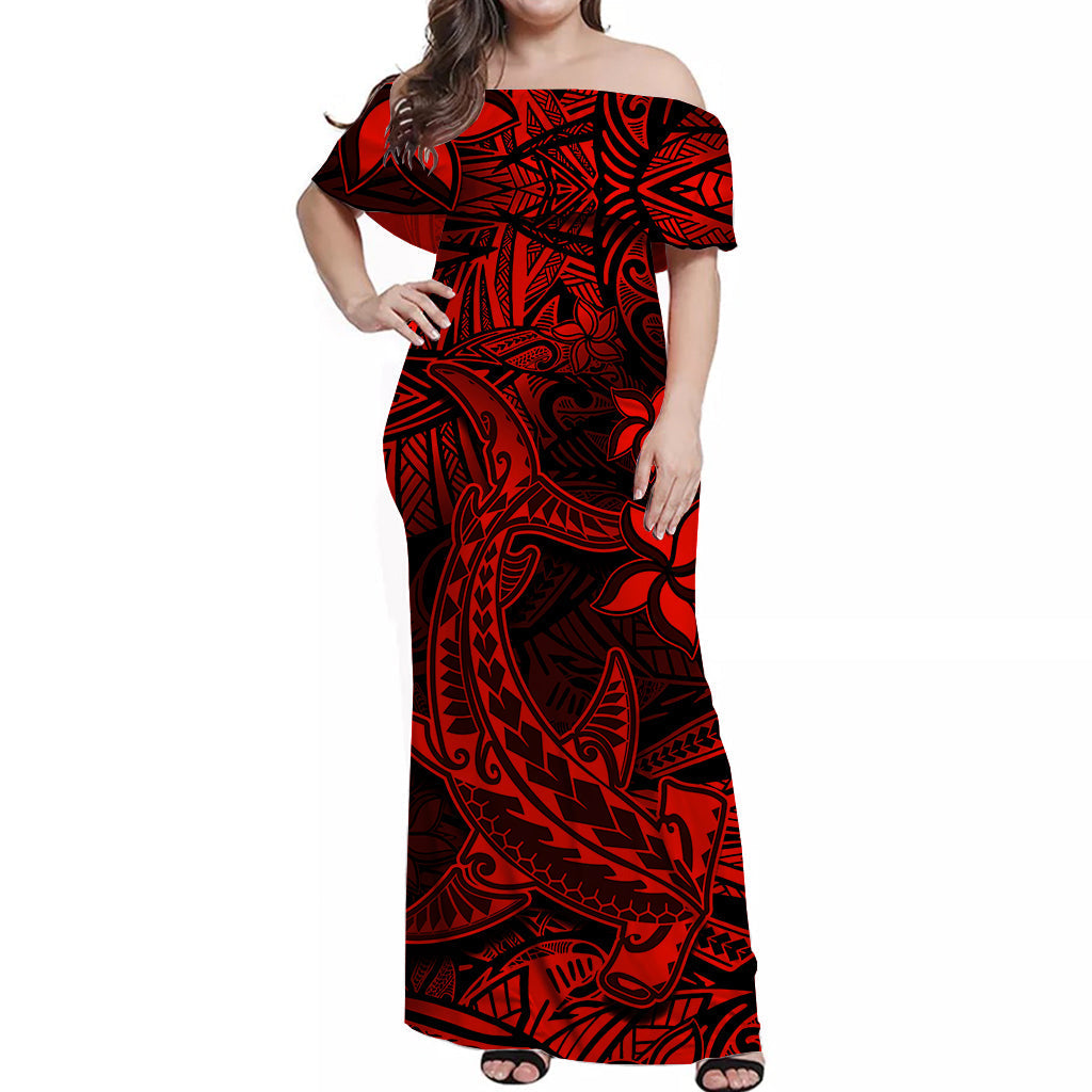 Polynesian Off Shoulder Long Dress Red Hawaiian Tribal Hammerhead Shark