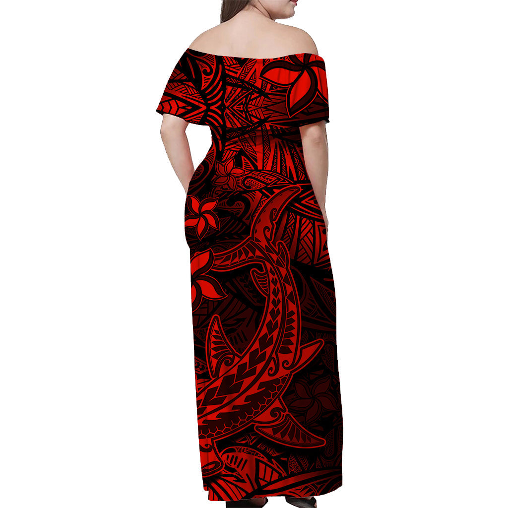 Polynesian Off Shoulder Long Dress Red Hawaiian Tribal Hammerhead Shark