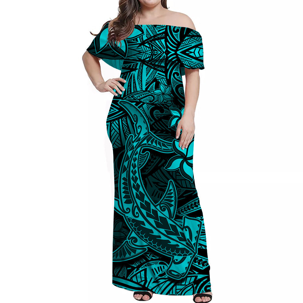 Polynesian Off Shoulder Long Dress Turquoise Hawaiian Tribal Hammerhead Shark