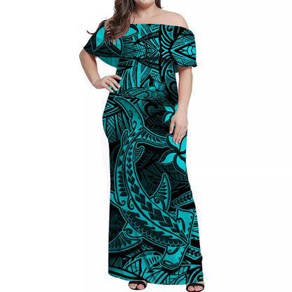 Polynesian Off Shoulder Long Dress Turquoise Hawaiian Tribal Hammerhead Shark