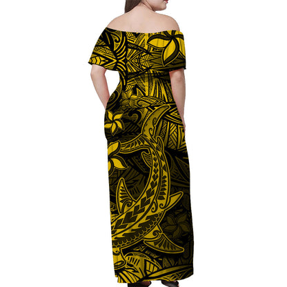 Polynesian Off Shoulder Long Dress Gold Hawaiian Tribal Hammerhead Shark
