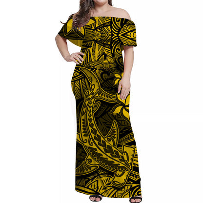 Polynesian Off Shoulder Long Dress Gold Hawaiian Tribal Hammerhead Shark