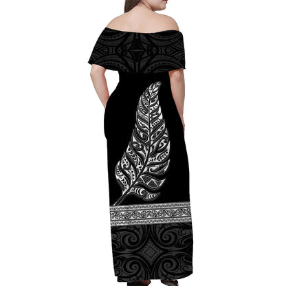 Custom Personalised New Zealand Off Shoulder Long Dress Maori Pattern Silver Fern Black