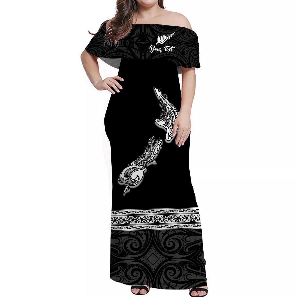 Custom Personalised New Zealand Off Shoulder Long Dress Maori Fern and Map Black