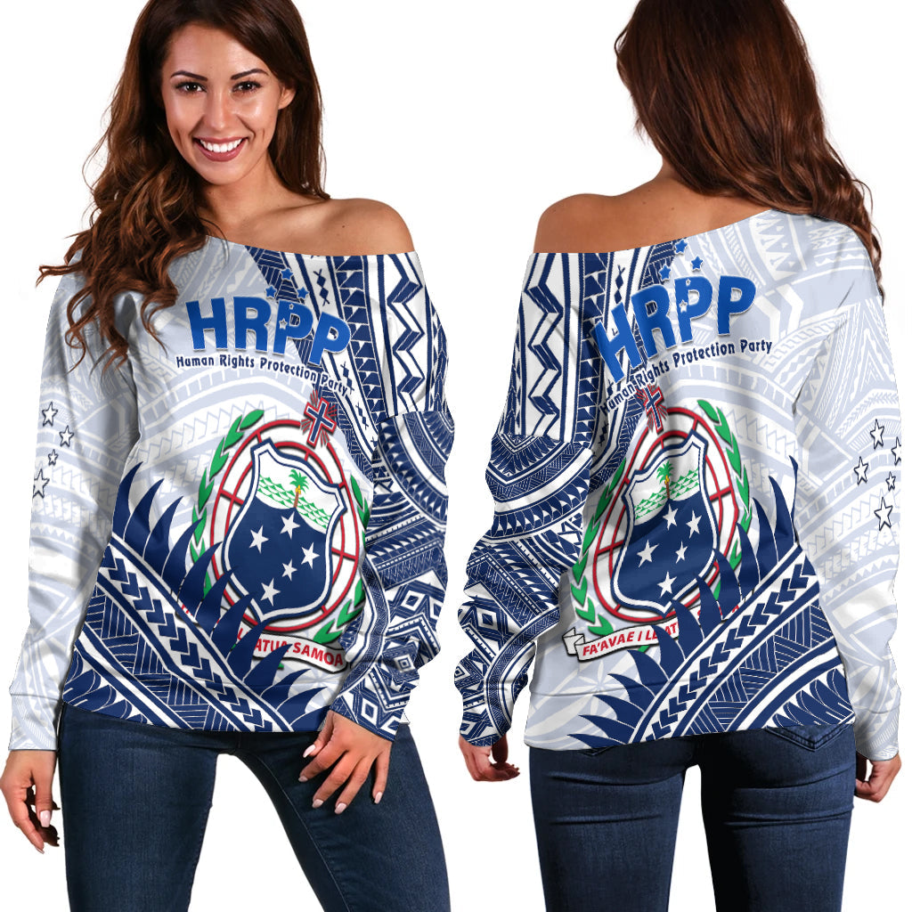 HRPP Samoa Off Shoulder Sweater Samoan Coat Of Arms Polynesian Pattern