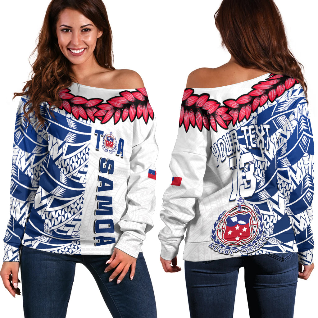 (Custom Text and Number) Toa Samoa Rugby Off Shoulder Sweater Siamupini Ula Fala White