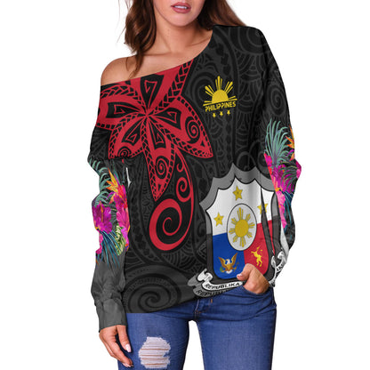 (Custom Personalised) Philippines Off Shoulder Sweater Sun Filipino Polynesian mix Flowers Black Vibe