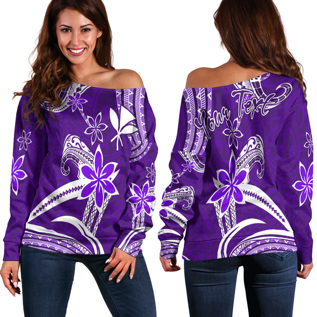 (Custom Personalised) Hawaii Flowers Wave Off Shoulder Sweater Kanaka Maoli Purple Polynesian