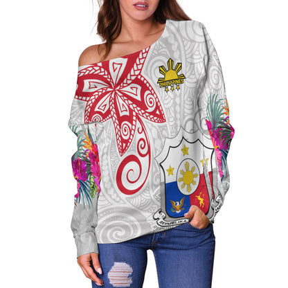 (Custom Personalised) Philippines Off Shoulder Sweater Sun Filipino Polynesian mix Flowers White Vibe