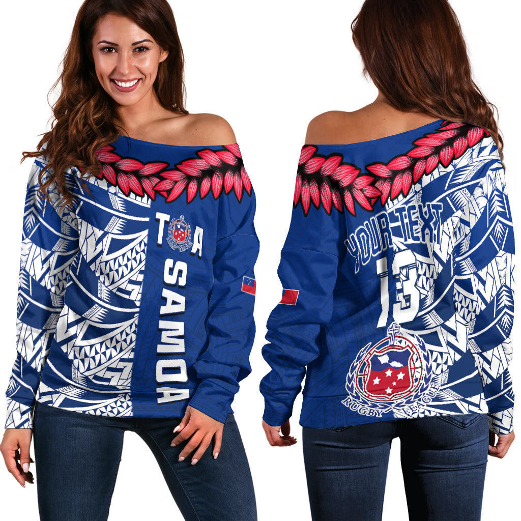 (Custom Text and Number) Toa Samoa Rugby Off Shoulder Sweater Siamupini Ula Fala Blue