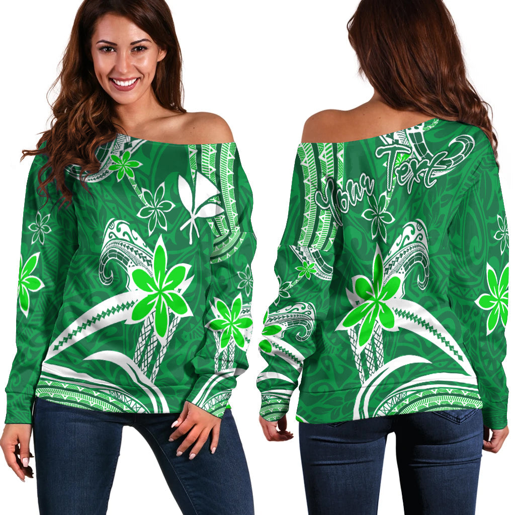 (Custom Personalised) Hawaii Flowers Wave Off Shoulder Sweater Kanaka Maoli Green Polynesian