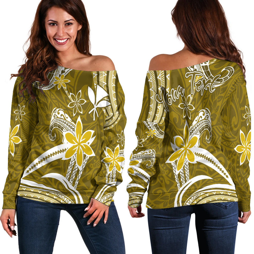 (Custom Personalised) Hawaii Flowers Wave Off Shoulder Sweater Kanaka Maoli Gold Polynesian