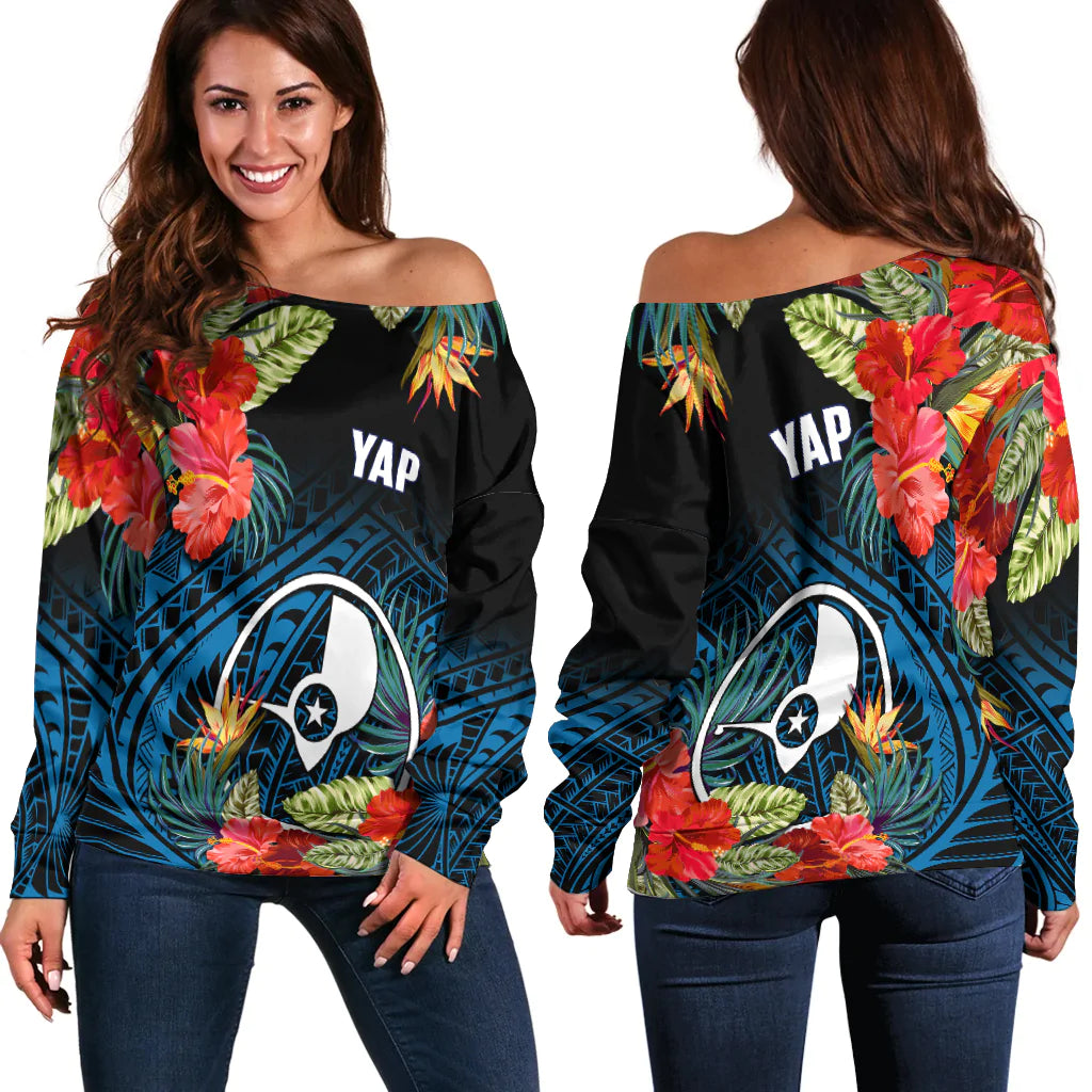 Yap State Off Shoulder Sweater FSM Hibiscus Flowers Mix Polynesian