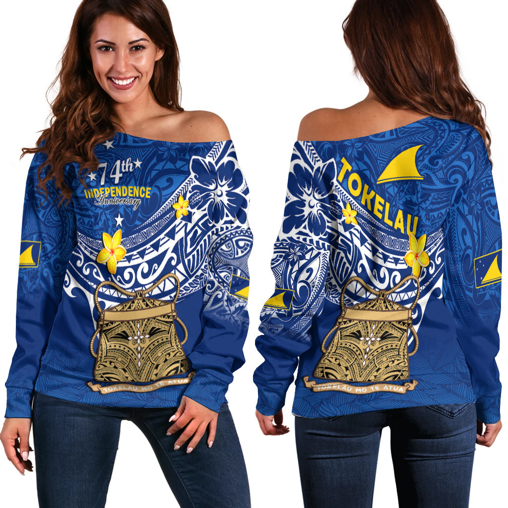 Tokelau Off Shoulder Sweater National Badge Polynesian Happy 74th Independence Anniversary