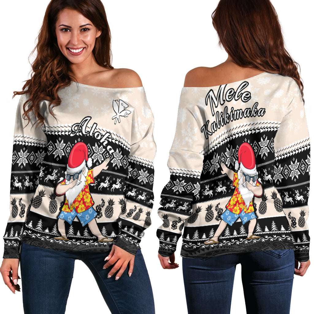 Hawaii Mele Kalikimaka Off Shoulder Sweater Dabbing Santa Black Merry Christmas