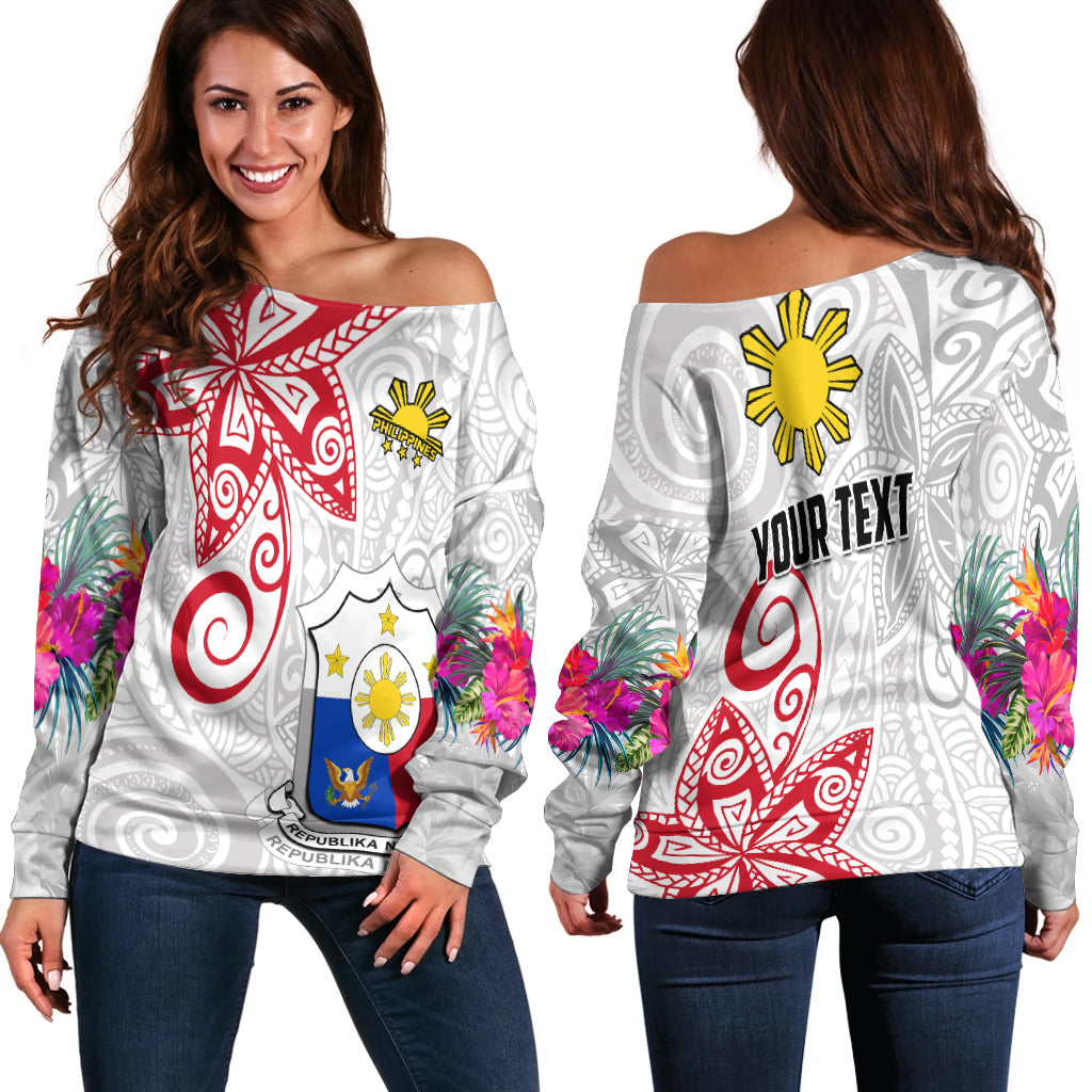 (Custom Personalised) Philippines Off Shoulder Sweater Sun Filipino Polynesian mix Flowers White Vibe