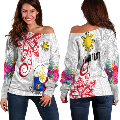 (Custom Personalised) Philippines Off Shoulder Sweater Sun Filipino Polynesian mix Flowers White Vibe